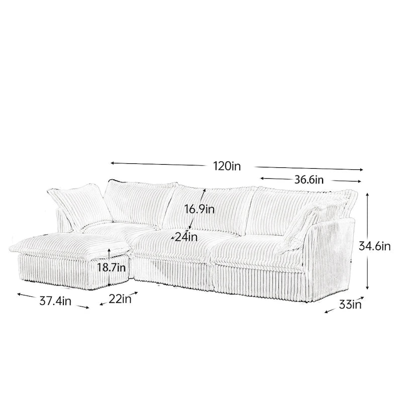 Corduroy Slipcovered 3-Seater Armless Sectional Sofa with Reversible Ottoman, Free Combination Design, and Removable Covers