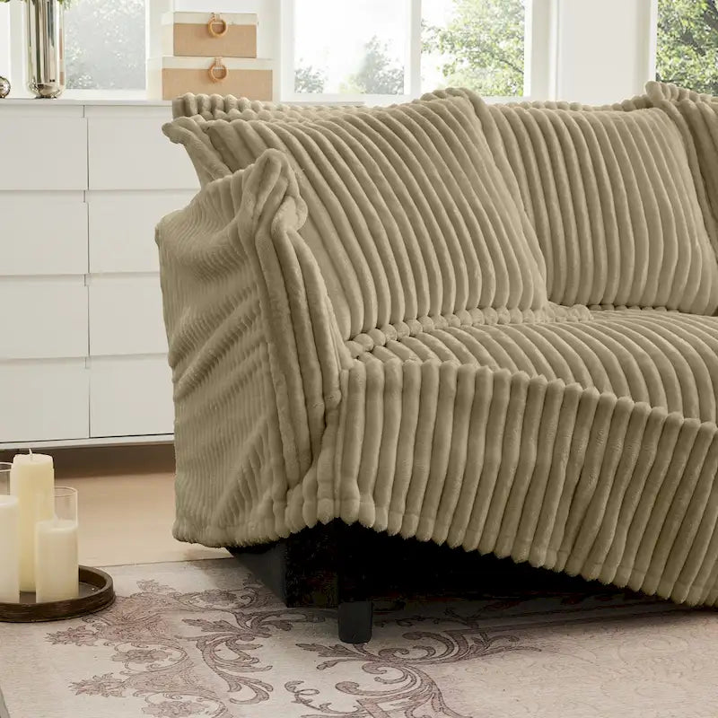 Corduroy Slipcovered L-Shaped Sectional Sofa with Deep Seats, 4-Seater Couch with Supple Armrests and 2 Big Pillows