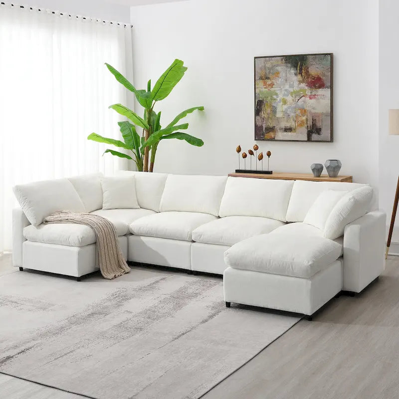 Beige 130  Chenille Cloud U-Shaped Sleeper Sectional Sofa, 6-Piece Modular Design