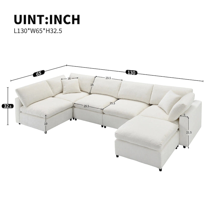 Beige 130  Chenille Cloud U-Shaped Sleeper Sectional Sofa, 6-Piece Modular Design