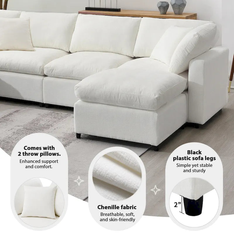 Beige 130  Chenille Cloud U-Shaped Sleeper Sectional Sofa, 6-Piece Modular Design