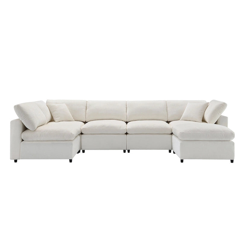 Beige 130  Chenille Cloud U-Shaped Sleeper Sectional Sofa, 6-Piece Modular Design