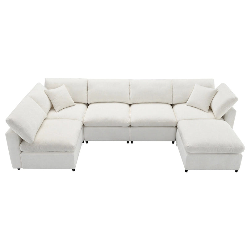 Beige 130  Chenille Cloud U-Shaped Sleeper Sectional Sofa, 6-Piece Modular Design