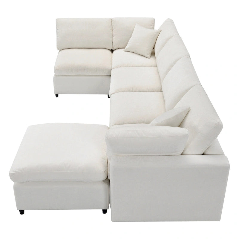 Beige 130  Chenille Cloud U-Shaped Sleeper Sectional Sofa, 6-Piece Modular Design