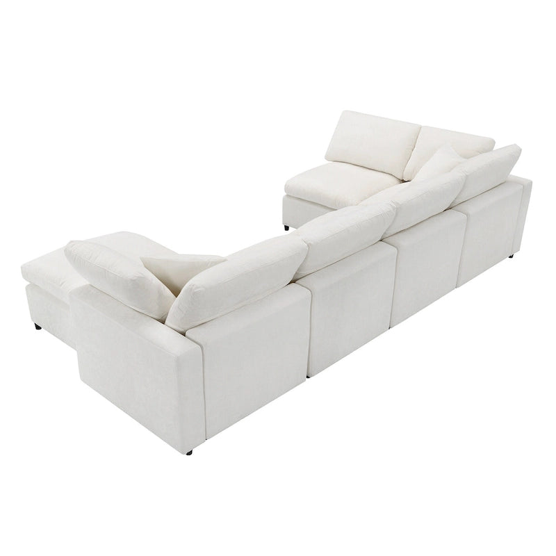 Beige 130  Chenille Cloud U-Shaped Sleeper Sectional Sofa, 6-Piece Modular Design
