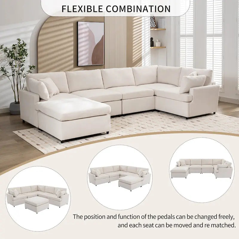 100.4  Spacious U-Shape 6 Seater Sectional Sofa with Removable Ottomans and Pillow, Flexible Configuration