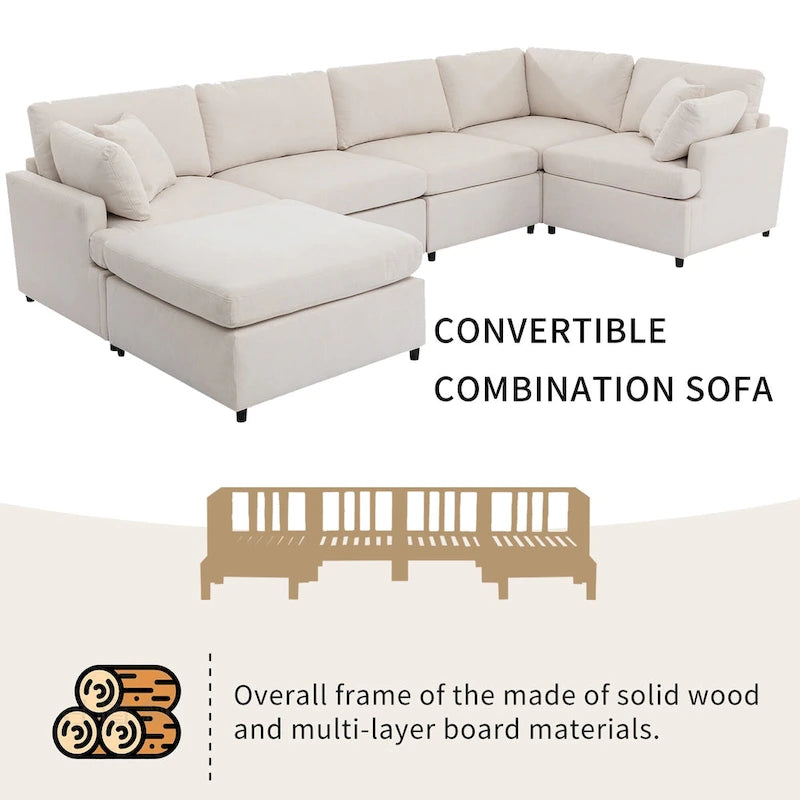 100.4  Spacious U-Shape 6 Seater Sectional Sofa with Removable Ottomans and Pillow, Flexible Configuration