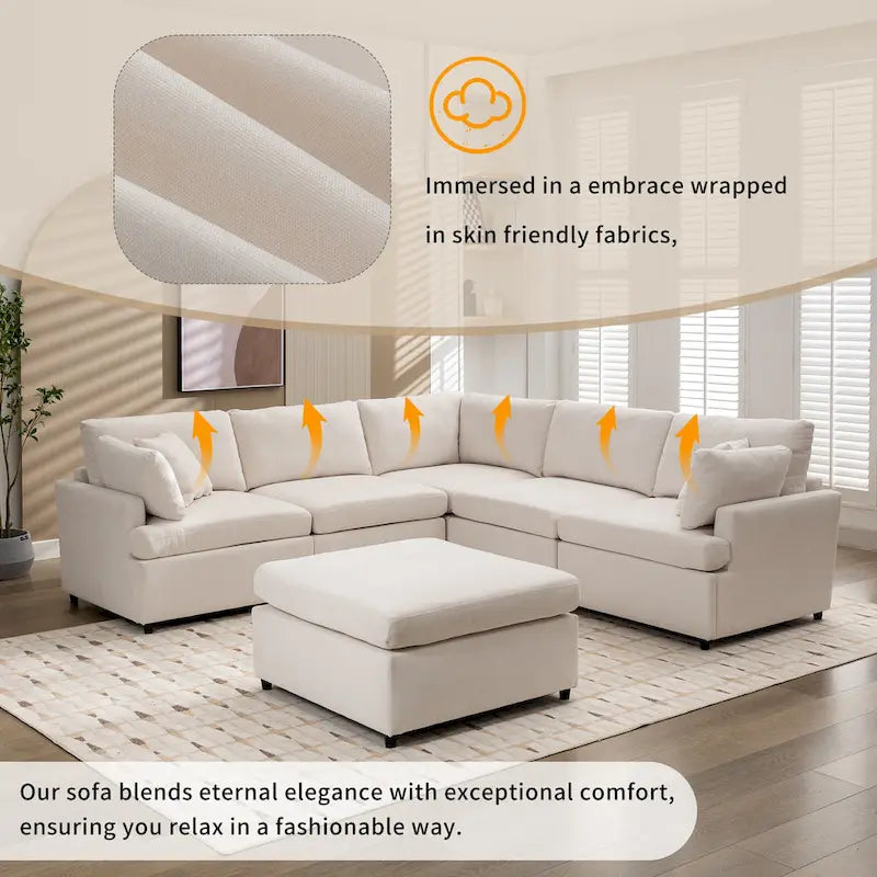 100.4  Spacious U-Shape 6 Seater Sectional Sofa with Removable Ottomans and Pillow, Flexible Configuration