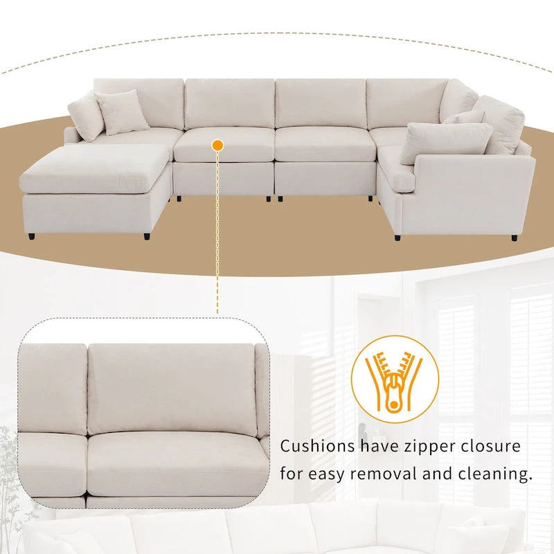 100.4  Spacious U-Shape 6 Seater Sectional Sofa with Removable Ottomans and Pillow, Flexible Configuration