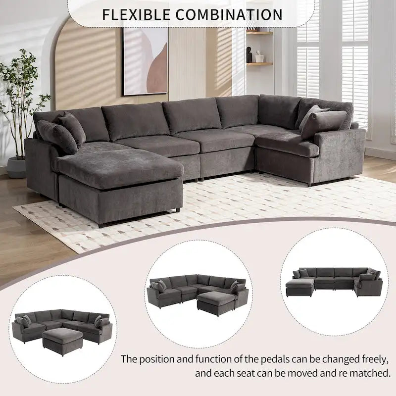 100.4  Spacious U-Shape 6 Seater Sectional Sofa with Removable Ottomans and Pillow, Flexible Configuration