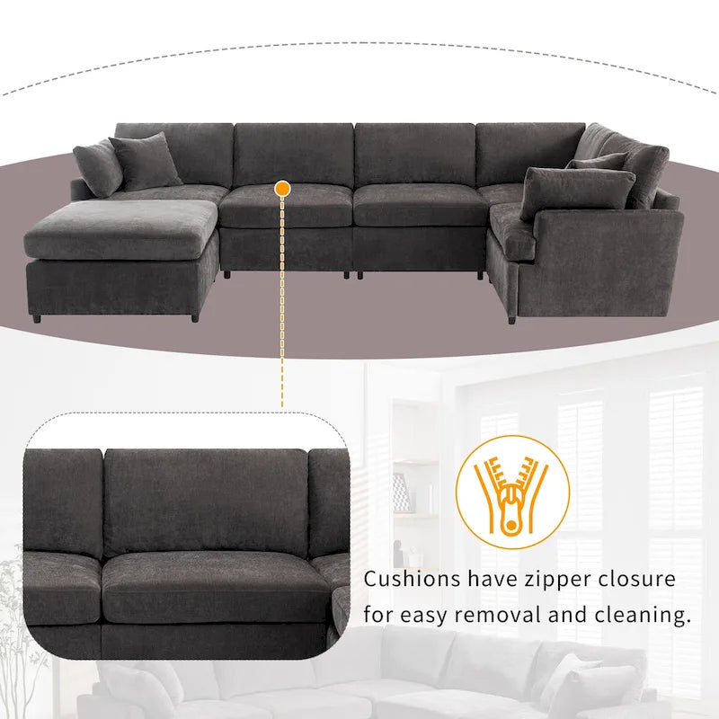 100.4  Spacious U-Shape 6 Seater Sectional Sofa with Removable Ottomans and Pillow, Flexible Configuration
