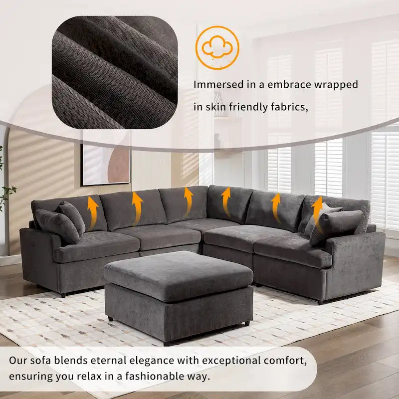 100.4  Spacious U-Shape 6 Seater Sectional Sofa with Removable Ottomans and Pillow, Flexible Configuration