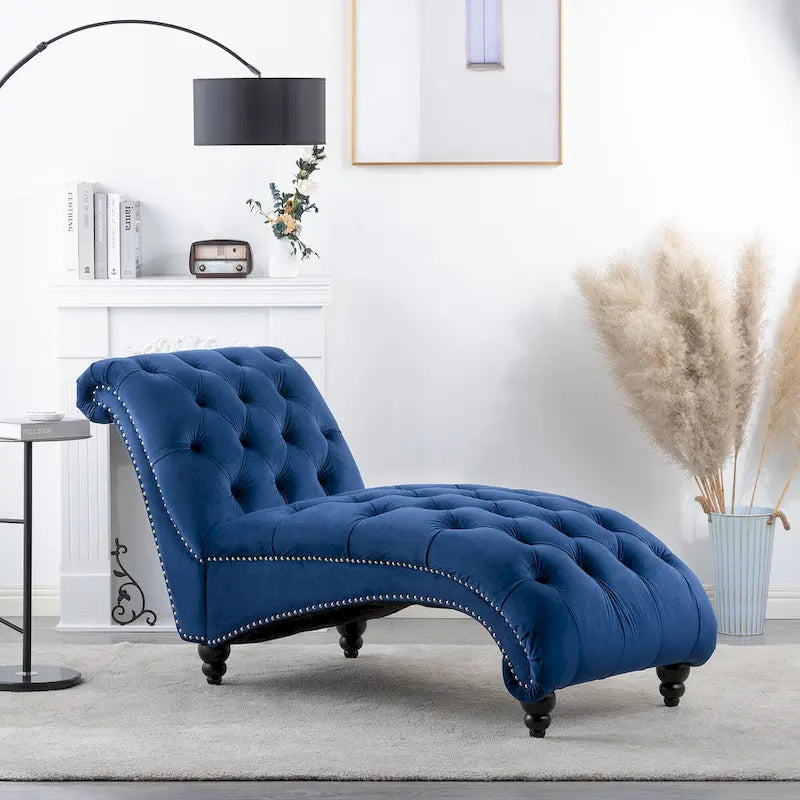 Blue 27.17  Buttons Tufted Chaise Lounge Chair with Nailheads