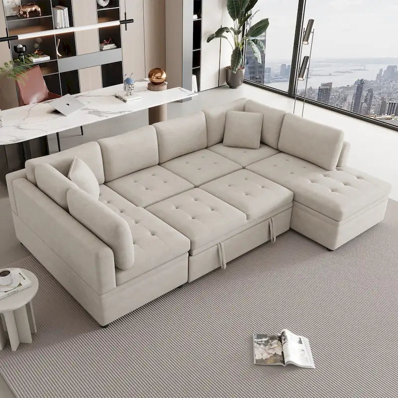 Beige 117  U-Shaped Oversized 6-Seater Sofa