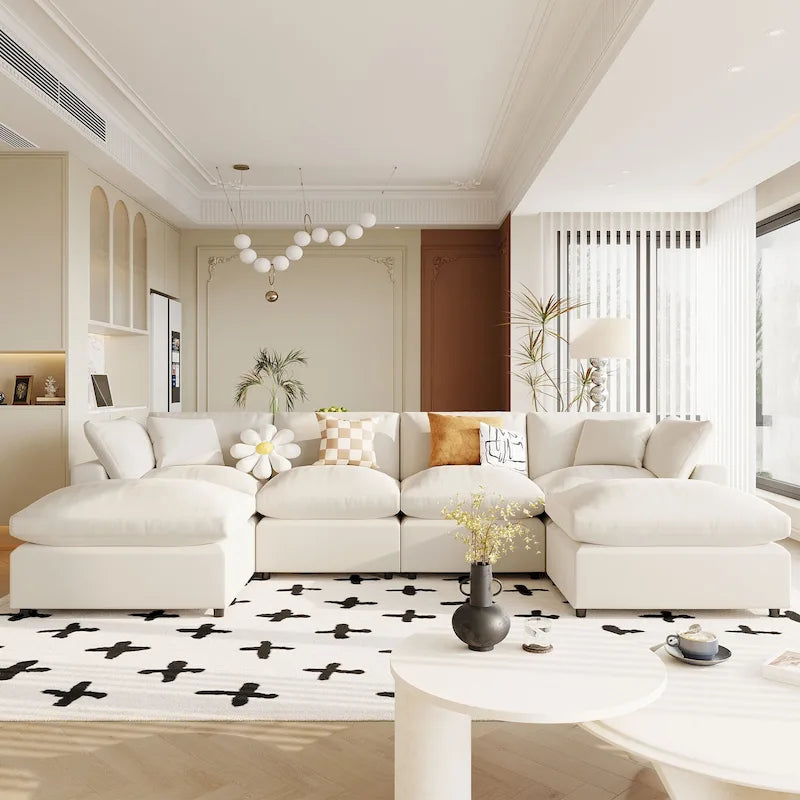 Beige 134.40  Modern U-Shaped 6 Seater Sectional Sofa with 2 Large Chaises, Removable Ottomans and Soft Cushions