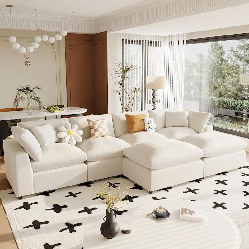 Beige 134.40  Modern U-Shaped 6 Seater Sectional Sofa with 2 Large Chaises, Removable Ottomans and Soft Cushions