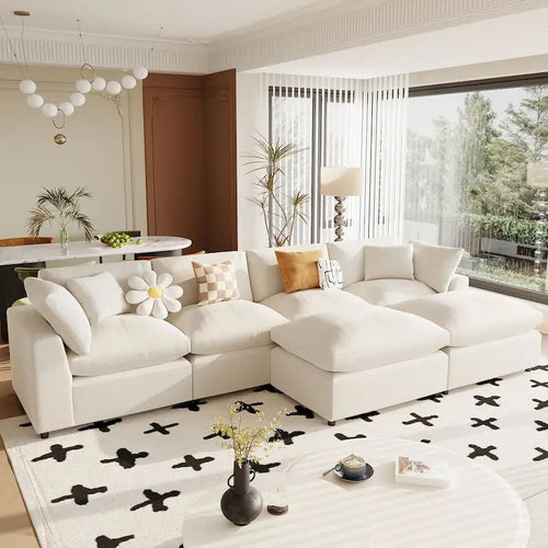 Beige 134.40  Modern U-Shaped 6 Seater Sectional Sofa with 2 Large Chaises, Removable Ottomans and Soft Cushions