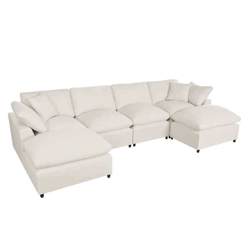 Beige 134.40  Modern U-Shaped 6 Seater Sectional Sofa with 2 Large Chaises, Removable Ottomans and Soft Cushions