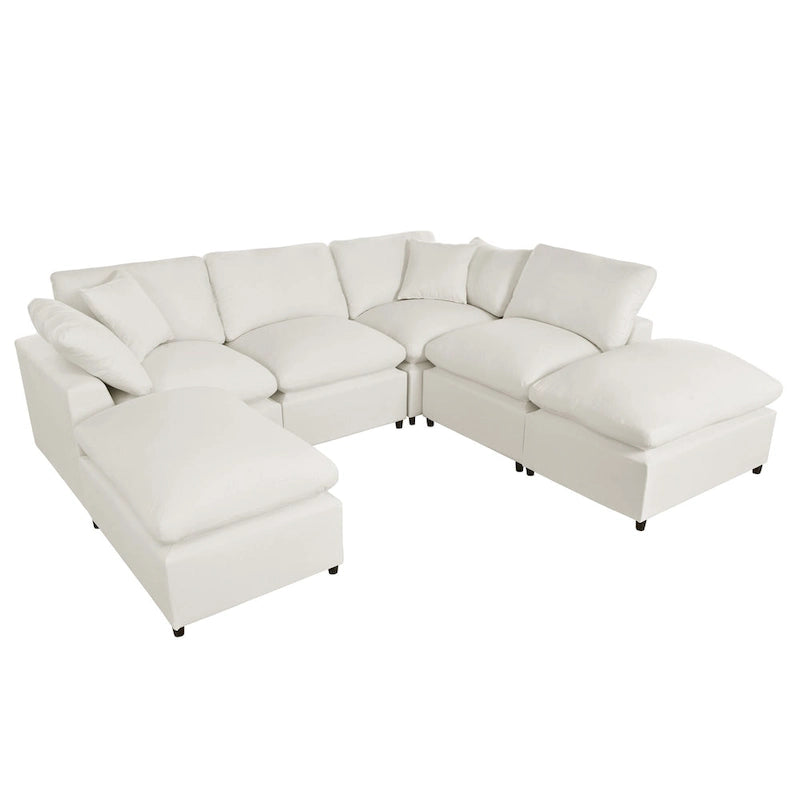 Beige 134.40  Modern U-Shaped 6 Seater Sectional Sofa with 2 Large Chaises, Removable Ottomans and Soft Cushions