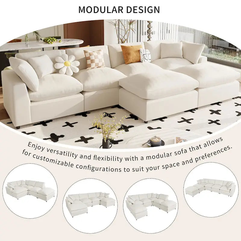 Beige 134.40  Modern U-Shaped 6 Seater Sectional Sofa with 2 Large Chaises, Removable Ottomans and Soft Cushions
