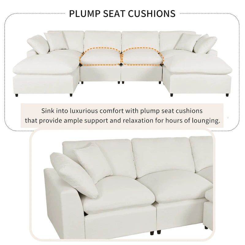 Beige 134.40  Modern U-Shaped 6 Seater Sectional Sofa with 2 Large Chaises, Removable Ottomans and Soft Cushions