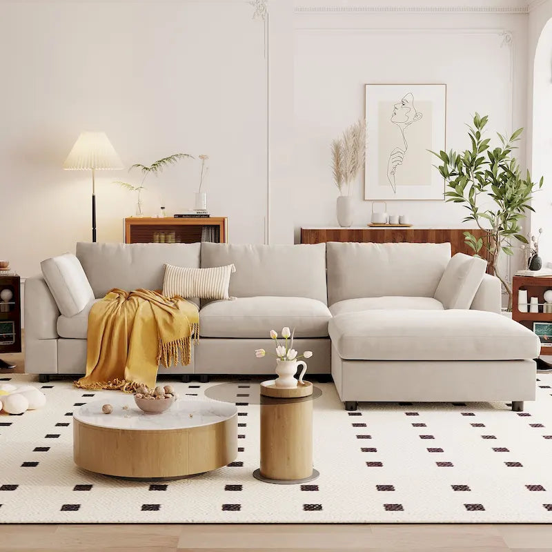 Beige 113  L-Shaped 4-Seat Sectional Sofa with Adjustable Footrest and Reversible Chaise
