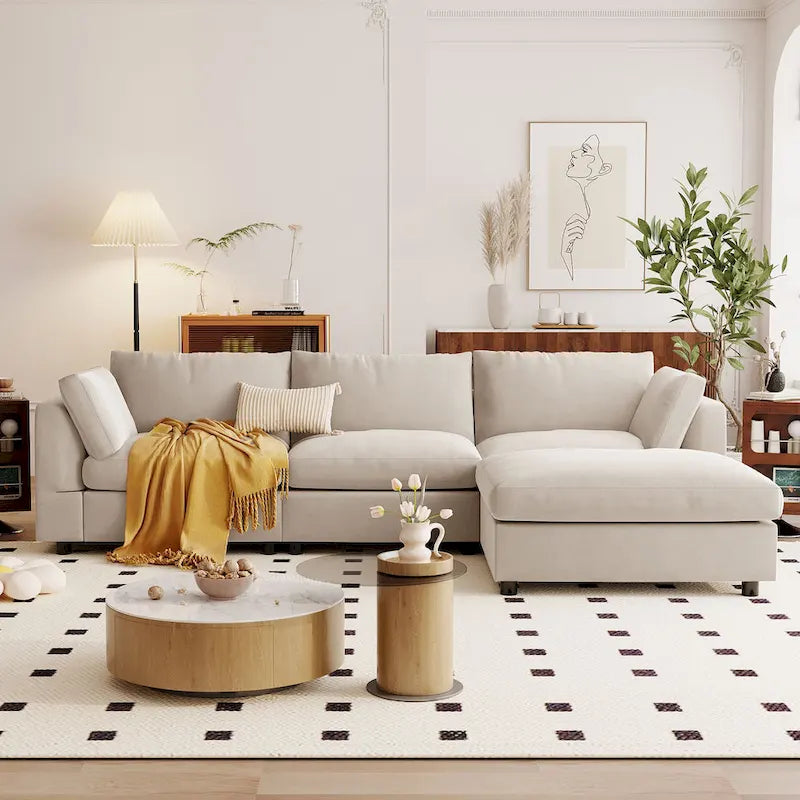 Beige 113  L-Shaped 4-Seat Sectional Sofa with Adjustable Footrest and Reversible Chaise