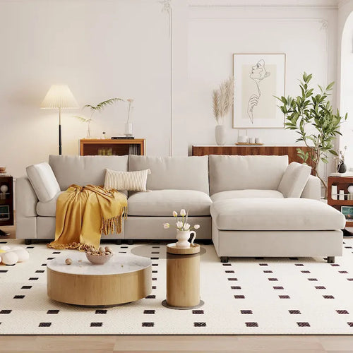 Beige 113  L-Shaped 4-Seat Sectional Sofa with Adjustable Footrest and Reversible Chaise