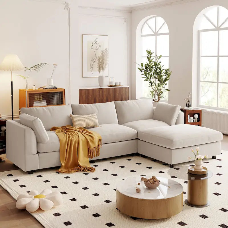 Beige 113  L-Shaped 4-Seat Sectional Sofa with Adjustable Footrest and Reversible Chaise
