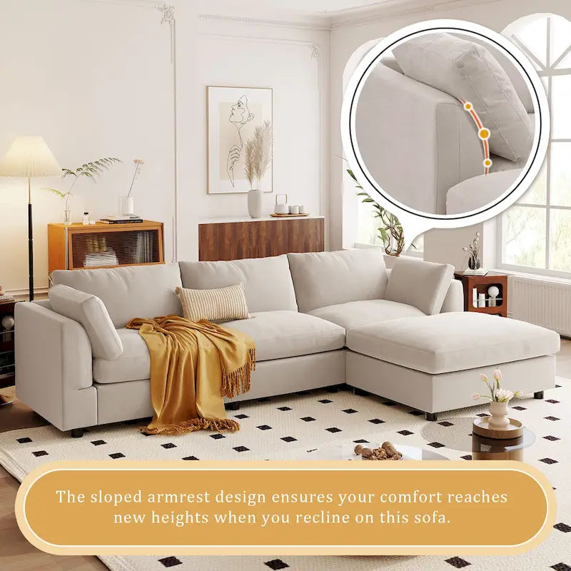 Beige 113  L-Shaped 4-Seat Sectional Sofa with Adjustable Footrest and Reversible Chaise