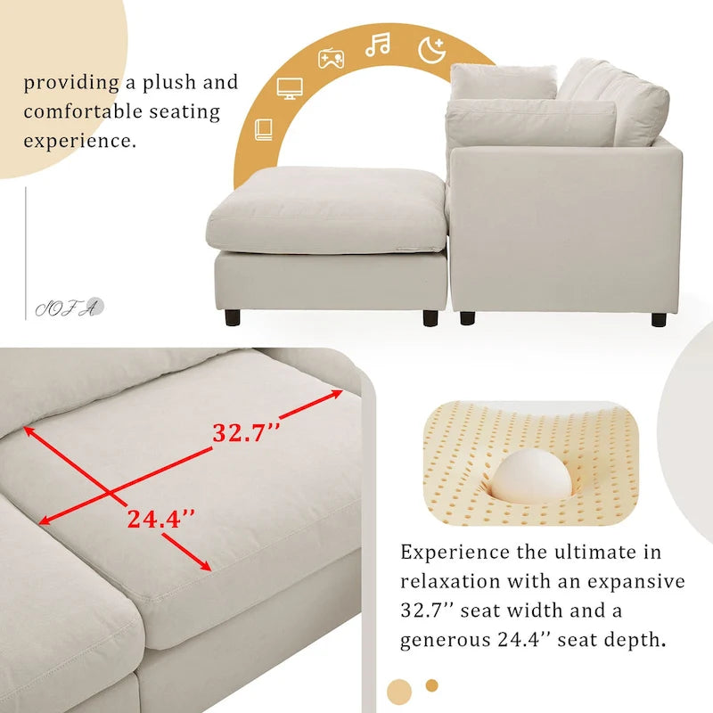 Beige 113  L-Shaped 4-Seat Sectional Sofa with Adjustable Footrest and Reversible Chaise