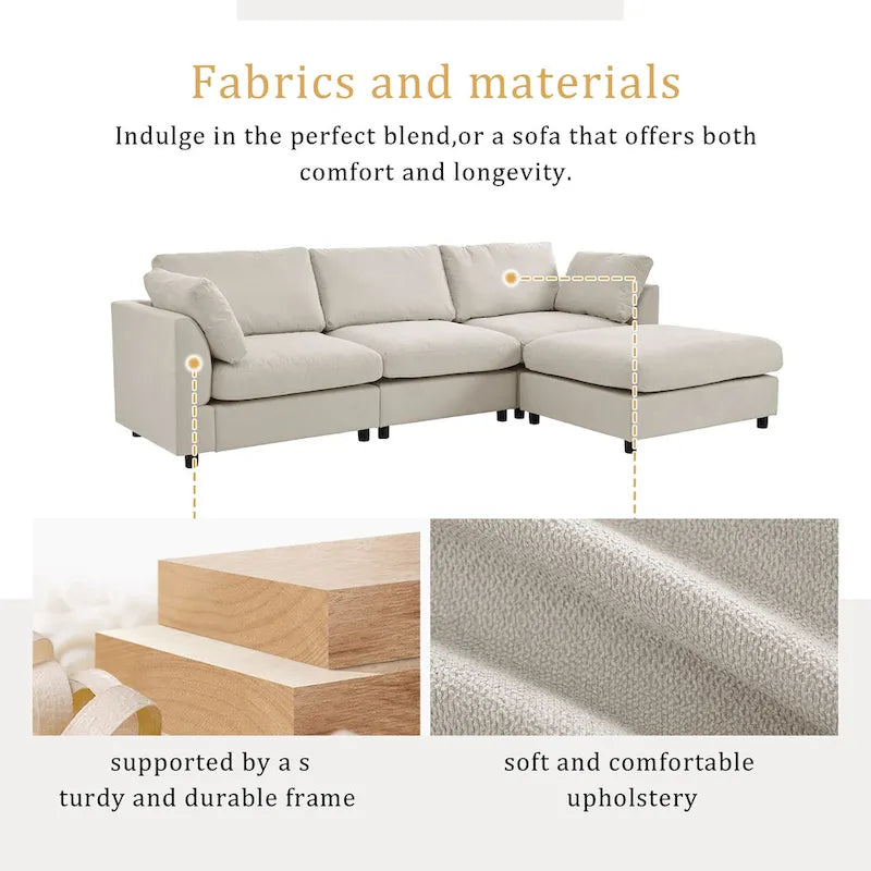 Beige 113  L-Shaped 4-Seat Sectional Sofa with Adjustable Footrest and Reversible Chaise