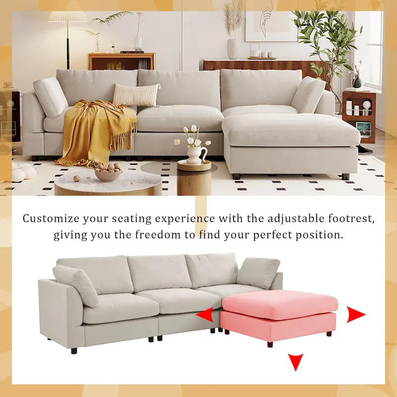 Beige 113  L-Shaped 4-Seat Sectional Sofa with Adjustable Footrest and Reversible Chaise