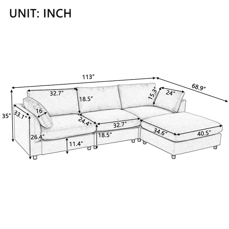 Beige 113  L-Shaped 4-Seat Sectional Sofa with Adjustable Footrest and Reversible Chaise