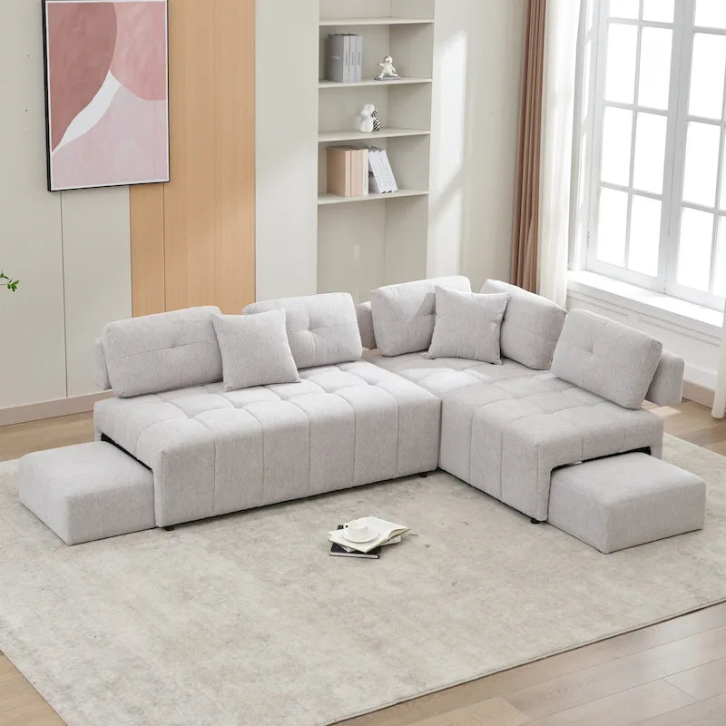 91.73  L-Shaped 4-Seat Sectional Sofa with 2 Hidden Stools, 2 Removable Lumbar Cushions, and Durable Chenille Fabric