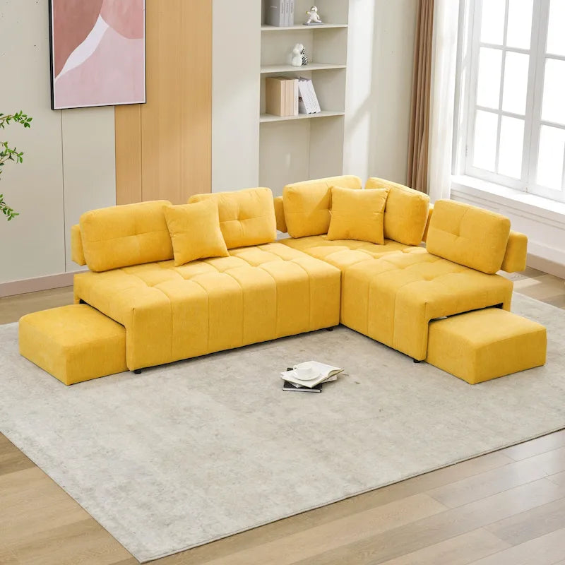 91.73  L-Shaped 4-Seat Sectional Sofa with 2 Hidden Stools, 2 Removable Lumbar Cushions, and Durable Chenille Fabric