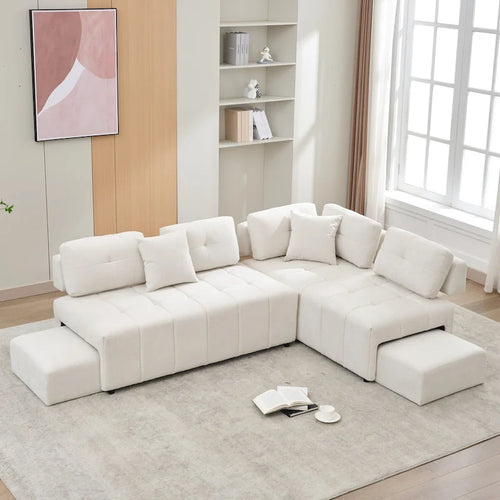 91.73  L-Shaped 4-Seat Sectional Sofa with 2 Hidden Stools, 2 Removable Lumbar Cushions, and Durable Chenille Fabric