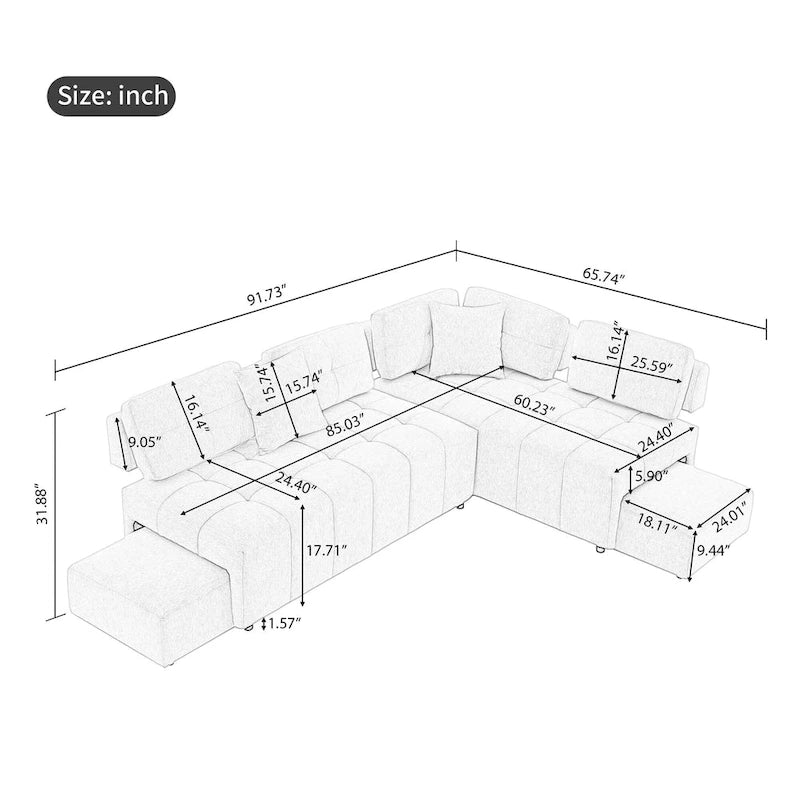 91.73  L-Shaped 4-Seat Sectional Sofa with 2 Hidden Stools, 2 Removable Lumbar Cushions, and Durable Chenille Fabric
