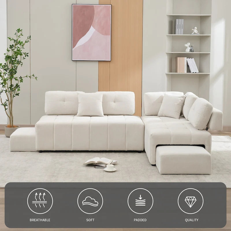 91.73  L-Shaped 4-Seat Sectional Sofa with 2 Hidden Stools, 2 Removable Lumbar Cushions, and Durable Chenille Fabric