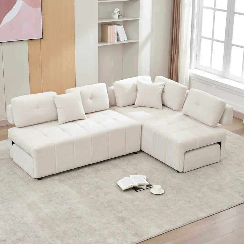 91.73  L-Shaped 4-Seat Sectional Sofa with 2 Hidden Stools, 2 Removable Lumbar Cushions, and Durable Chenille Fabric