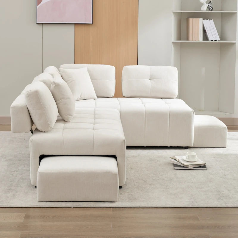 91.73  L-Shaped 4-Seat Sectional Sofa with 2 Hidden Stools, 2 Removable Lumbar Cushions, and Durable Chenille Fabric