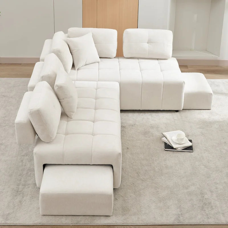91.73  L-Shaped 4-Seat Sectional Sofa with 2 Hidden Stools, 2 Removable Lumbar Cushions, and Durable Chenille Fabric