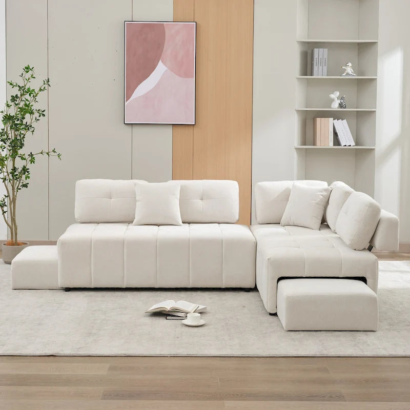 91.73  L-Shaped 4-Seat Sectional Sofa with 2 Hidden Stools, 2 Removable Lumbar Cushions, and Durable Chenille Fabric