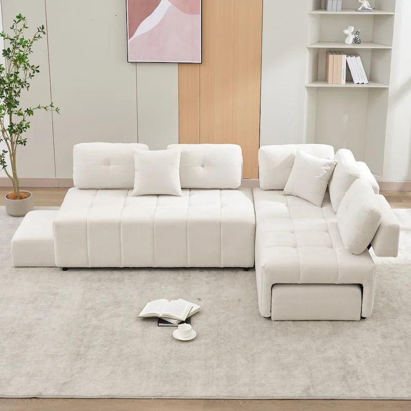 91.73  L-Shaped 4-Seat Sectional Sofa with 2 Hidden Stools, 2 Removable Lumbar Cushions, and Durable Chenille Fabric