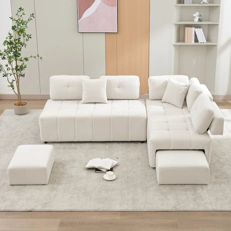 91.73  L-Shaped 4-Seat Sectional Sofa with 2 Hidden Stools, 2 Removable Lumbar Cushions, and Durable Chenille Fabric