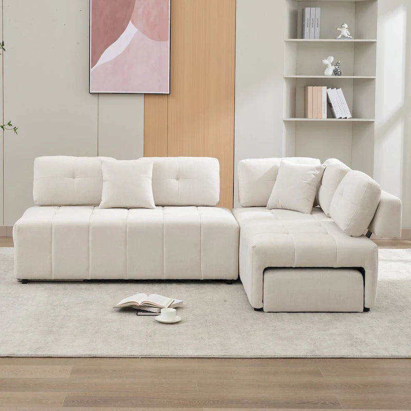 91.73  L-Shaped 4-Seat Sectional Sofa with 2 Hidden Stools, 2 Removable Lumbar Cushions, and Durable Chenille Fabric