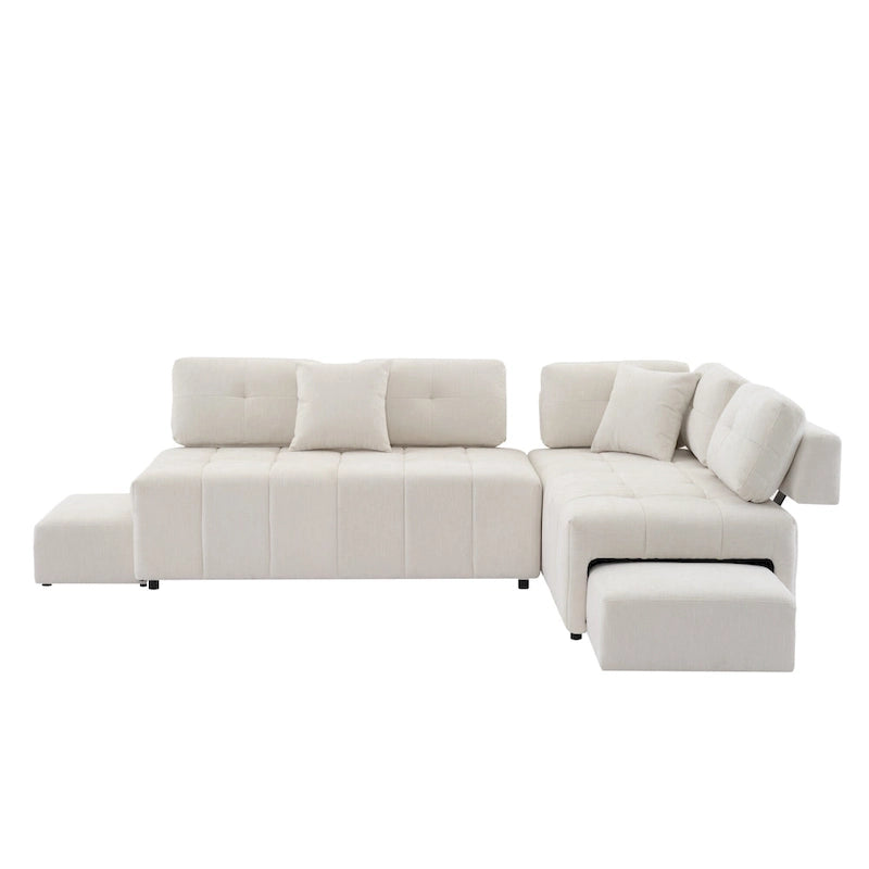 91.73  L-Shaped 4-Seat Sectional Sofa with 2 Hidden Stools, 2 Removable Lumbar Cushions, and Durable Chenille Fabric