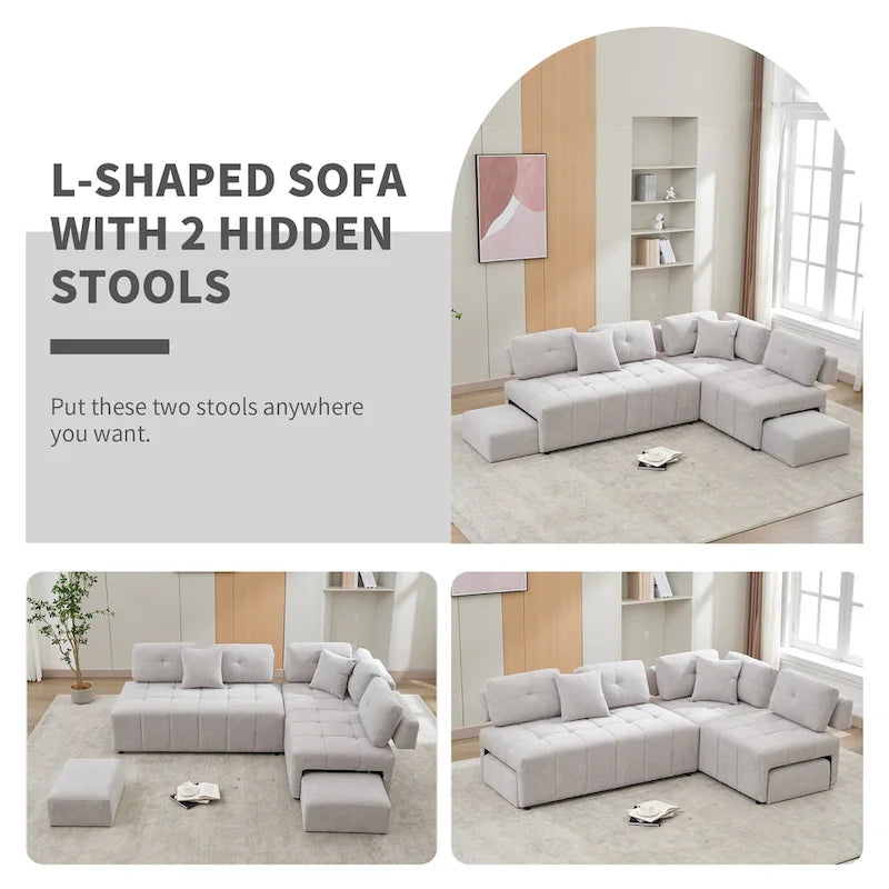 91.73  L-Shaped 4-Seat Sectional Sofa with 2 Hidden Stools, 2 Removable Lumbar Cushions, and Durable Chenille Fabric
