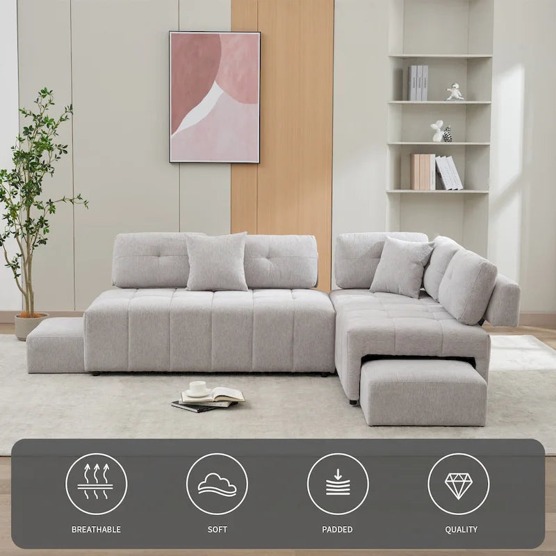 91.73  L-Shaped 4-Seat Sectional Sofa with 2 Hidden Stools, 2 Removable Lumbar Cushions, and Durable Chenille Fabric