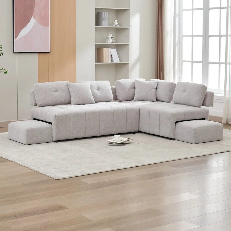 91.73  L-Shaped 4-Seat Sectional Sofa with 2 Hidden Stools, 2 Removable Lumbar Cushions, and Durable Chenille Fabric